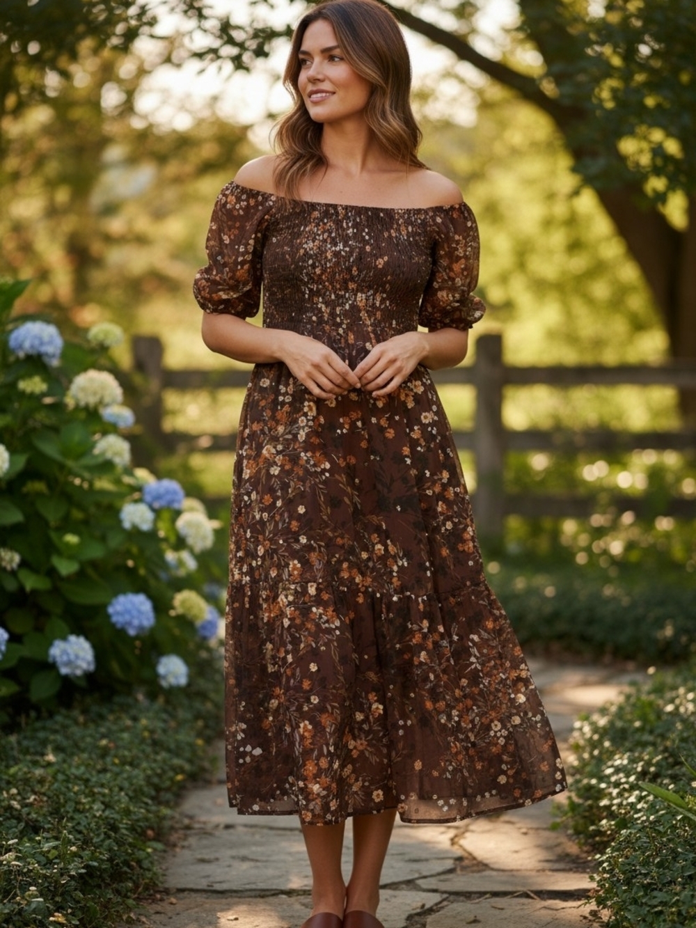 Smocked Off-Shoulder Maxi Dress in Brown Floral